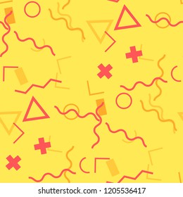 Seamless Memphis Pattern. Abstract Color Texture with Lines and Geometric Figures for Wallpaper, Print, Cotton. Retro Seamless Multicolor Background in Memphis Style for your Design. Vector.