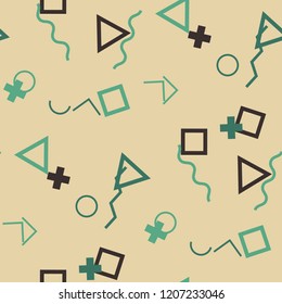 Seamless Memphis Pattern. Abstract Color Texture with Lines and Geometric Figures for Dress, Curtain, Paper. Trendy Seamless Multicolor Background in Memphis Style for your Design. Vector.
