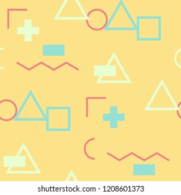 Seamless Memphis Pattern. Abstract Color Texture with Lines and Geometric Figures for Print, Fabric, Textile. Modern Seamless Multicolor Background in Memphis Style for your Design. Vector.