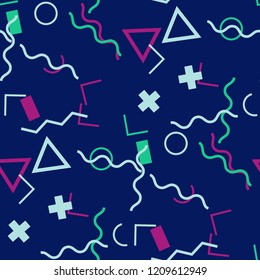 Seamless Memphis Pattern. Abstract Color Texture with Lines and Geometric Figures for Chintz, Linen, Paper. Retro Seamless Multicolor Background in Memphis Style for your Design. Vector.