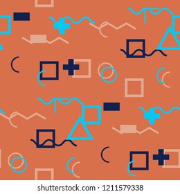 Seamless Memphis Pattern. Abstract Color Texture with Lines and Geometric Figures for Print, Fabric, Cloth. Trendy Seamless Multicolor Background in Memphis Style for your Design. Vector.