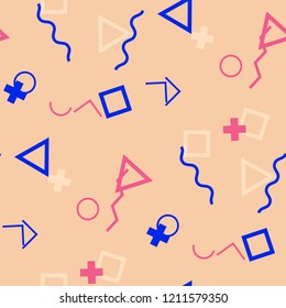 Seamless Memphis Pattern. Abstract Color Texture with Lines and Geometric Figures for Print, Fabric, Textile.  Trendy Seamless Multicolor Background in Memphis Style for your Design. Vector.