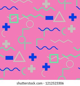 Seamless Memphis Pattern. Abstract Color Texture with Lines and Geometric Figures for Print, Cloth, Textile. Vintage Seamless Multicolor Background in Memphis Style for your Design. Vector.