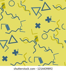 Seamless Memphis Pattern. Abstract Color Texture with Lines and Geometric Figures for Wallpaper, Cotton, Textile. Trendy Seamless Multicolor Background in Memphis Style for your Design. Vector.