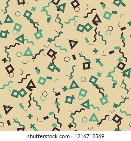 Seamless Memphis Pattern. Abstract Color Texture with Lines and Geometric Figures for Print, Fabric, Cloth. Vintage Seamless Multicolor Background in Memphis Style for your Design. Vector.