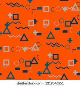 Seamless Memphis Pattern. Abstract Color Texture with Lines and Geometric Figures for Dress, Curtain, Tablecloth. Vintage Seamless Multicolor Background in Memphis Style for your Design. Vector.