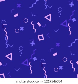 Seamless Memphis Pattern. Abstract Color Texture with Lines and Geometric Figures for Dress, Curtain, Tablecloth. Vintage Seamless Multicolor Background in Memphis Style for your Design. Vector.