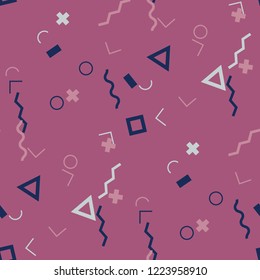 Seamless Memphis Pattern. Abstract Color Texture with Lines and Geometric Figures for Wallpaper, Cotton, Textile. Vintage Seamless Multicolor Background in Memphis Style for your Design. Vector.
