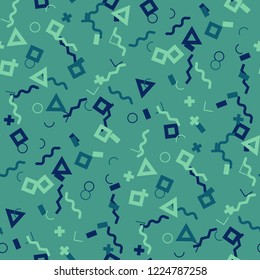 Seamless Memphis Pattern. Abstract Color Texture with Lines and Geometric Figures for Cotton, Print, Textile. Trendy Seamless Multicolor Background in Memphis Style for your Design. Vector.