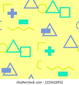 Seamless Memphis Pattern. Abstract Color Texture with Lines and Geometric Figures for Dress, Curtain, Tablecloth. Vintage Seamless Multicolor Background in Memphis Style for your Design. Vector.