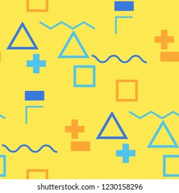 Seamless Memphis Pattern. Abstract Color Texture with Lines and Geometric Figures for Chintz, Curtain, Paper. Retro Seamless Multicolor Background in Memphis Style for your Design. Vector.