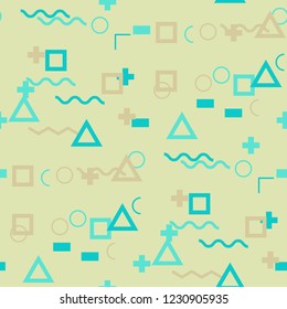 Seamless Memphis Pattern. Abstract Color Texture with Lines and Geometric Figures for Print, Fabric, Textile.  Trendy Seamless Multicolor Background in Memphis Style for your Design. Vector.