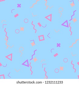 Seamless Memphis Pattern. Abstract Color Texture with Lines and Geometric Figures for Print, Fabric, Textile. Modern Seamless Multicolor Background in Memphis Style for your Design. Vector.