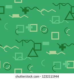 Seamless Memphis Pattern. Abstract Color Texture with Lines and Geometric Figures for Dress, Paper, Tablecloth. Vintage Seamless Multicolor Background in Memphis Style for your Design. Vector.