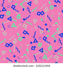 Seamless Memphis Pattern. Abstract Color Texture with Lines and Geometric Figures for Dress, Curtain, Paper. Trendy Seamless Multicolor Background in Memphis Style for your Design. Vector.