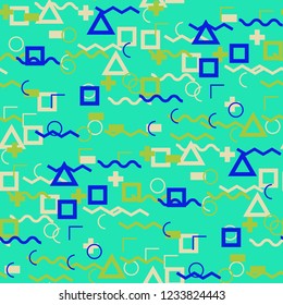 Seamless Memphis Pattern. Abstract Color Texture with Lines and Geometric Figures for Chintz, Curtain, Paper. Trendy Seamless Multicolor Background in Memphis Style for your Design. Vector.