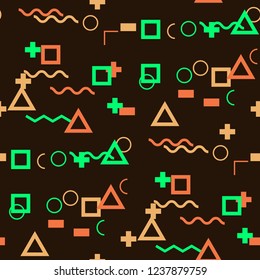 Seamless Memphis Pattern. Abstract Color Texture with Lines and Geometric Figures for Dress, Paper, Tablecloth. Retro Seamless Multicolor Background in Memphis Style for your Design. Vector.