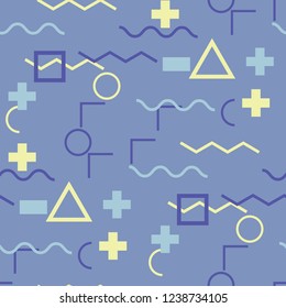 Seamless Memphis Pattern. Abstract Color Texture with Lines and Geometric Figures for Wallpaper, Print, Cotton. Vintage Seamless Multicolor Background in Memphis Style for your Design. Vector.
