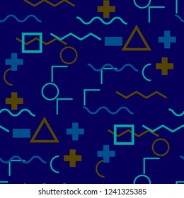 Seamless Memphis Pattern. Abstract Color Texture with Lines and Geometric Figures for Fabric, Cloth, Textile. Trendy Seamless Multicolor Background in Memphis Style for your Design. Vector.