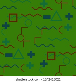 Seamless Memphis Pattern. Abstract Color Texture with Lines and Geometric Figures for Dress, Curtain, Paper. Trendy Seamless Multicolor Background in Memphis Style for your Design. Vector.