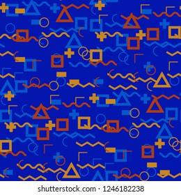 Seamless Memphis Pattern. Abstract Color Texture with Lines and Geometric Figures for Wallpaper, Cotton, Textile. Retro Seamless Multicolor Background in Memphis Style for your Design. Vector.