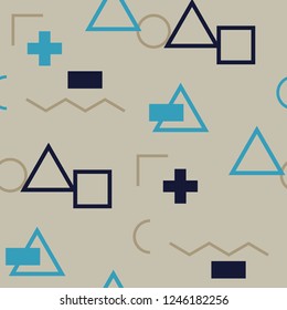Seamless Memphis Pattern. Abstract Color Texture with Lines and Geometric Figures for Dress, Paper, Tablecloth. Trendy Seamless Multicolor Background in Memphis Style for your Design. Vector.