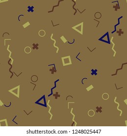 Seamless Memphis Pattern. Abstract Color Texture with Lines and Geometric Figures for Chintz, Linen, Wallpaper. Retro Seamless Multicolor Background in Memphis Style for your Design. Vector.
