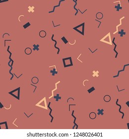 Seamless Memphis Pattern. Abstract Color Texture with Lines and Geometric Figures for Print, Cloth, Fabric. Modern Seamless Multicolor Background in Memphis Style for your Design. Vector.