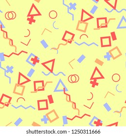 Seamless Memphis Pattern. Abstract Color Texture with Lines and Geometric Figures for Print, Cloth, Textile. Trendy Seamless Multicolor Background in Memphis Style for your Design. Vector.