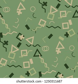 Seamless Memphis Pattern. Abstract Color Texture with Lines and Geometric Figures for Dress, Curtain, Tablecloth. Modern Seamless Multicolor Background in Memphis Style for your Design. Vector.