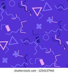 Seamless Memphis Pattern. Abstract Color Texture with Lines and Geometric Figures for Wallpaper, Print, Cotton. Trendy Seamless Multicolor Background in Memphis Style for your Design. Vector.