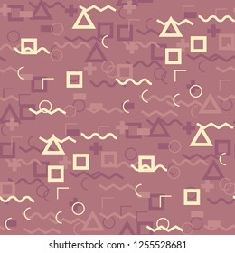 Seamless Memphis Pattern. Abstract Color Texture with Lines and Geometric Figures for Dress, Paper, Tablecloth. Retro Seamless Multicolor Background in Memphis Style for your Design. Vector.