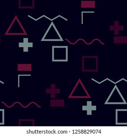 Seamless Memphis Pattern. Abstract Color Texture with Lines and Geometric Figures for Dress, Curtain, Paper. Vintage Seamless Multicolor Background in Memphis Style for your Design. Vector.