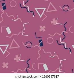 Seamless Memphis Pattern. Abstract Color Texture with Lines and Geometric Figures for Print, Cloth, Textile. Vintage Seamless Multicolor Background in Memphis Style for your Design. Vector.