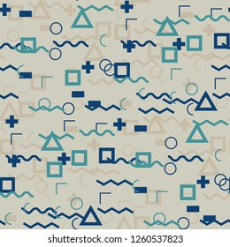 Seamless Memphis Pattern. Abstract Color Texture with Lines and Geometric Figures for Print, Fabric, Cloth. Trendy Seamless Multicolor Background in Memphis Style for your Design. Vector.