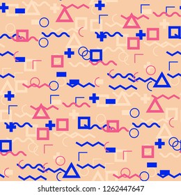 Seamless Memphis Pattern. Abstract Color Texture with Lines and Geometric Figures for Print, Cloth, Textile. Modern Seamless Multicolor Background in Memphis Style for your Design. Vector.