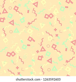 Seamless Memphis Pattern. Abstract Color Texture with Lines and Geometric Figures for Wallpaper, Print, Cotton. Trendy Seamless Multicolor Background in Memphis Style for your Design. Vector.