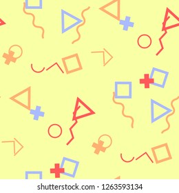 Seamless Memphis Pattern. Abstract Color Texture with Lines and Geometric Figures for Wallpaper, Fabric, Print. Trendy Seamless Multicolor Background in Memphis Style for your Design. Vector.