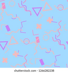 Seamless Memphis Pattern. Abstract Color Texture with Lines and Geometric Figures for Cotton, Print, Textile. Modern Seamless Multicolor Background in Memphis Style for your Design. Vector.