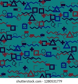 Seamless Memphis Pattern. Abstract Color Texture with Lines and Geometric Figures for Dress, Curtain, Paper. Trendy Seamless Multicolor Background in Memphis Style for your Design. Vector.