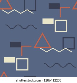 Seamless Memphis Pattern. Abstract Color Texture with Lines and Geometric Figures for Dress, Curtain, Paper. Modern Seamless Multicolor Background in Memphis Style for your Design. Vector.