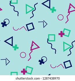 Seamless Memphis Pattern. Abstract Color Texture with Lines and Geometric Figures for Fabric, Cloth, Textile. Modern Seamless Multicolor Background in Memphis Style for your Design. Vector.