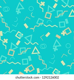 Seamless Memphis Pattern. Abstract Color Texture with Lines and Geometric Figures for Dress, Paper, Tablecloth. Retro Seamless Multicolor Background in Memphis Style for your Design. Vector.