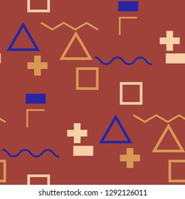 Seamless Memphis Pattern. Abstract Color Texture with Lines and Geometric Figures for Print, Fabric, Textile.  Vintage Seamless Multicolor Background in Memphis Style for your Design. Vector.