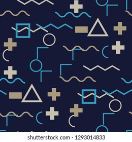 Seamless Memphis Pattern. Abstract Color Texture with Lines and Geometric Figures for Print, Fabric, Cloth. Modern Seamless Multicolor Background in Memphis Style for your Design. Vector.