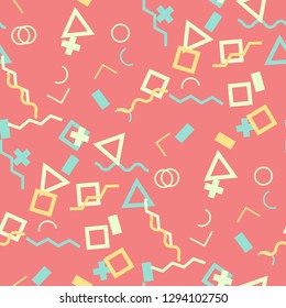 Seamless Memphis Pattern. Abstract Color Texture with Lines and Geometric Figures for Print, Fabric, Textile. Retro Seamless Multicolor Background in Memphis Style for your Design. Vector.