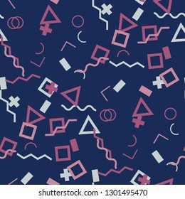 Seamless Memphis Pattern. Abstract Color Texture with Lines and Geometric Figures for Cotton, Print, Textile. Trendy Seamless Multicolor Background in Memphis Style for your Design. Vector.