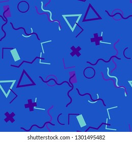 Seamless Memphis Pattern. Abstract Color Texture with Lines and Geometric Figures for Linen, Paper, Tablecloth. Modern Seamless Multicolor Background in Memphis Style for your Design. Vector.