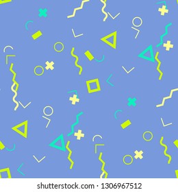 Seamless Memphis Pattern. Abstract Color Texture with Lines and Geometric Figures for Fabric, Cloth, Textile. Retro Seamless Multicolor Background in Memphis Style for your Design. Vector.