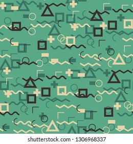 Seamless Memphis Pattern. Abstract Color Texture with Lines and Geometric Figures for Print, Fabric, Textile.  Vintage Seamless Multicolor Background in Memphis Style for your Design. Vector.